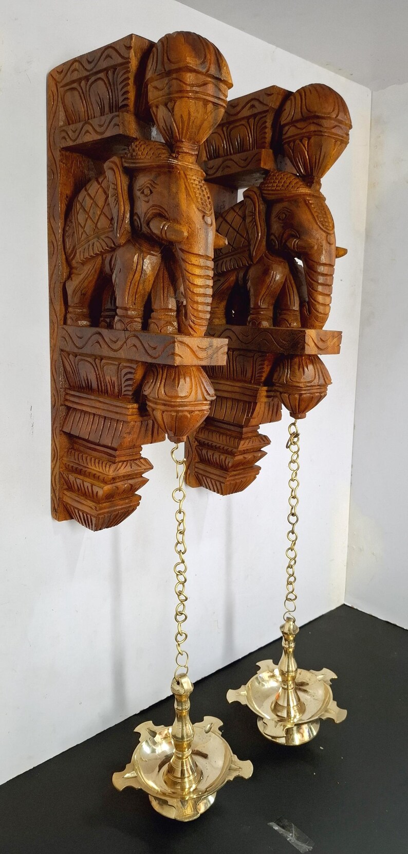 Wooden Elephant Wall Corbel Pair Teak Color Finish Brass Oil Lamps Wall