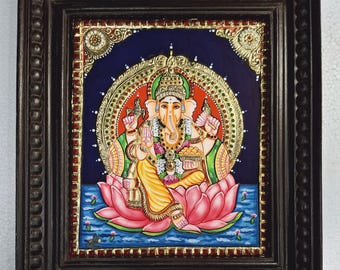 Ganesha Tanjore Painting: Gold Foil Hindu Art in Teakwood Frame (15x13 Inch)