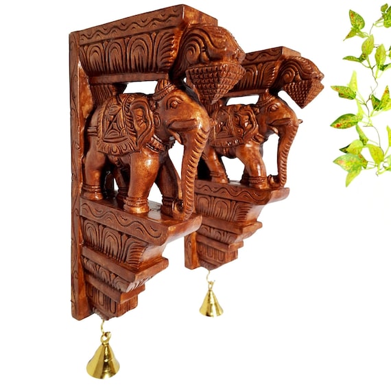 Hand-Carved Wooden Elephant Corbels with Brass Bells | South Indian Decor (Set of 2)