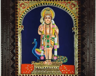 15" x 13" Murugan Tanjore Painting with Frame, Subramanya Painting, 22 K Gold Foils, Teakwood Framed Painting, India Art Gift, Free Shipping