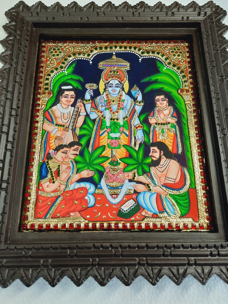 Satyanarayana Tanjore Painting with Frame 22K Gold Foils Teakwood Framed Painting Housewarming Gift Pooja Room Décor Ready to Ship image 9