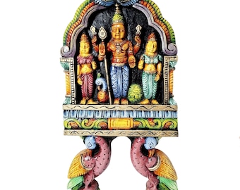 Suspensão de parede de madeira Murugan, Valli Deivanai, decoração de templo hindu esculpida à mão