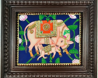 22K Gold Kamadhenu Painting with Frame, Teakwood Framed Painting, House Warming Gift, Pooja Room Décor, FREE Shipping USA