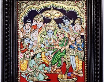 Ram Darbar Tanjore Painting: 22K Gold, Teakwood Frame