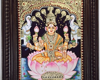 Lakshmi Tanjore Painting: 22K Gold, Teakwood Frame, Indian Art