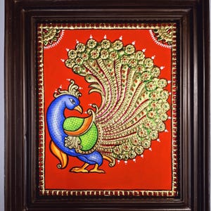 Peacock Tanjore Painting – 22K Gold Foil Art | Handmade Teakwood Frame | Indian Wall Decor Gift | Custom Size | Made to Order
