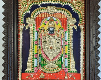 Balaji Tanjore Painting with Teak Wood Frame 22K Gold Foil Indian Artwork Gift Size Ready to Ship