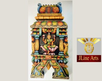 Lakshmi Statue Kavadi Wall Panel Solid Wood Handmade Laxmi Wall Hanging Sculpture Home Temple Gopuram Pooja Decor Ready for Shipping