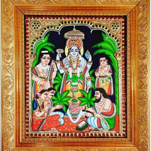 Satyanarayana Tanjore Painting with Frame 22K Gold Foils Teakwood Framed Painting Housewarming Gift Pooja Room Décor Ready to Ship Gold Fiber Frame