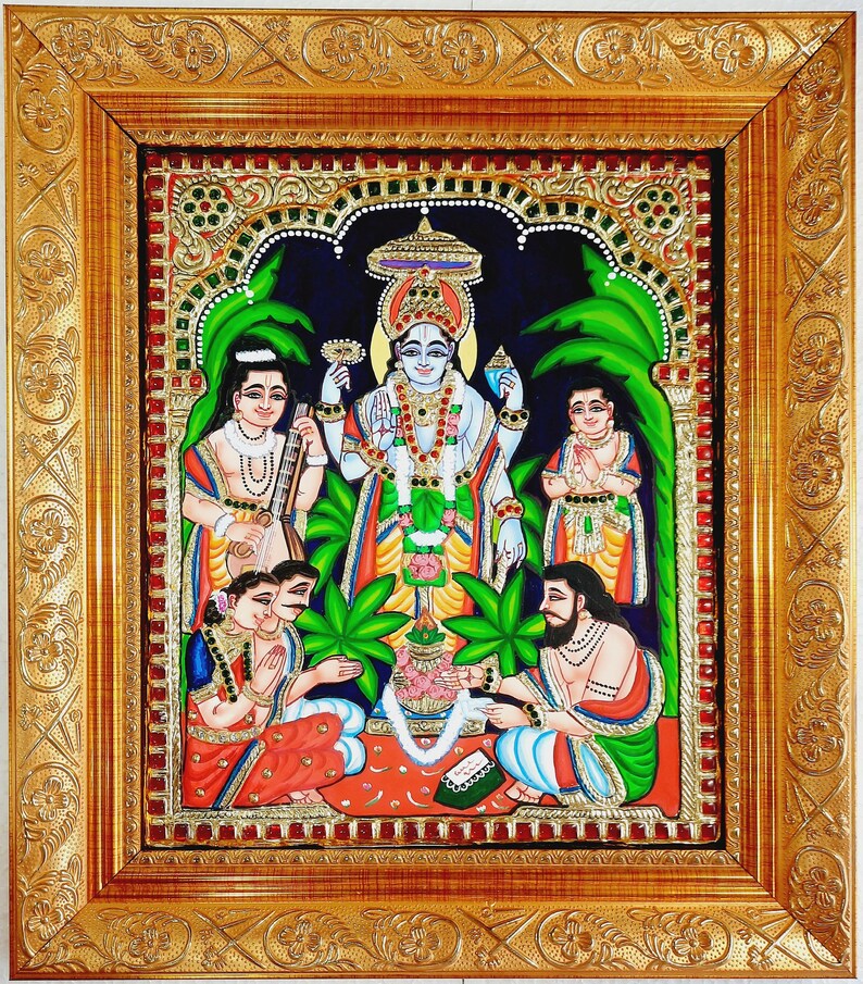 Satyanarayana Tanjore Painting with Frame 22K Gold Foils Teakwood Framed Painting Housewarming Gift Pooja Room Décor Ready to Ship Gold Fiber Frame