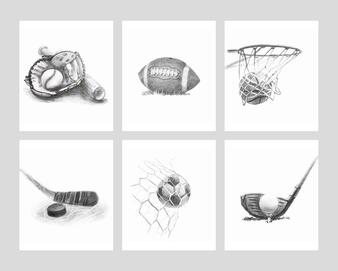 Sports Pencil Drawings Set of 6 Printables, Kids or Boys Bedroom, Play
