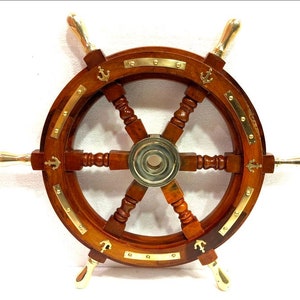 Details about   Ship Wheel Solid Wood 24Inch Anchor & Strips Wheel with Brass Handles Wall Decor 