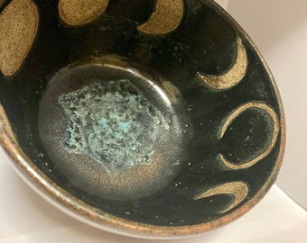 Black and Copper Lunar Phases Bowl; handmade wheel thrown ceramics