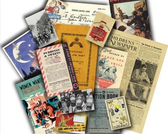 May include: A collection of vintage paper ephemera, including a newspaper headline "Children's Newspaper", a magazine cover "Boy's Own", and a pamphlet titled "War Cookery Leaflet". The papers are in various colors, including black, white, red, and yellow.