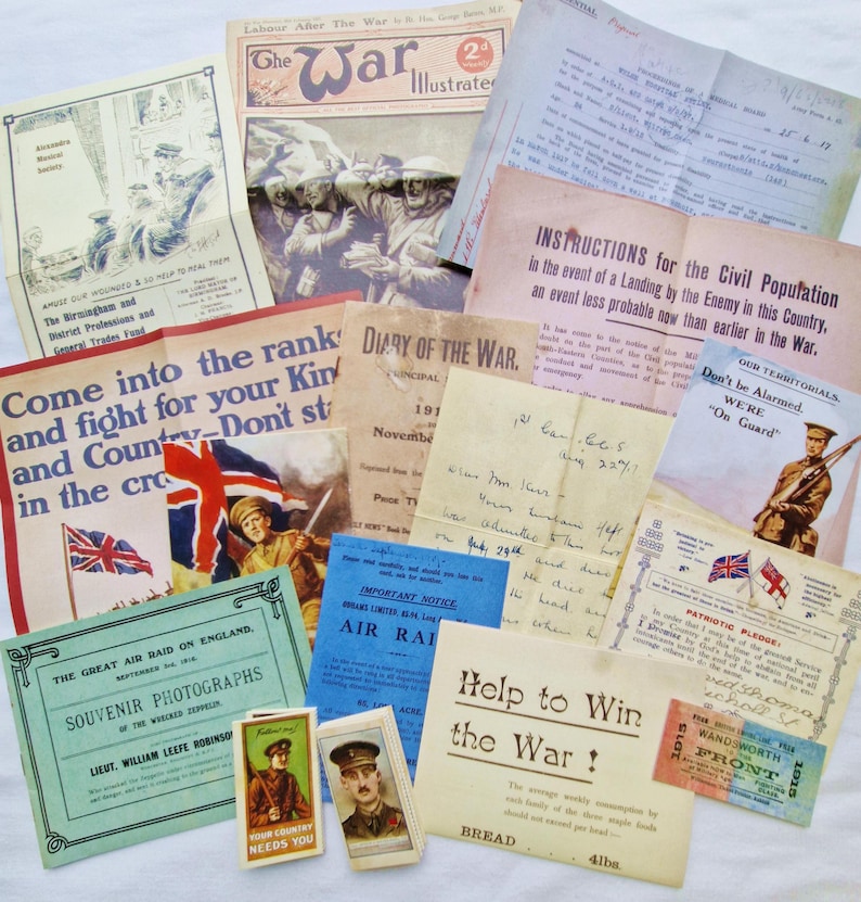 May include: A selection of historical World War I documents, including newspapers, pamphlets, and postcards. The items feature patriotic imagery, military personnel, and wartime guidance. The color scheme includes beige, blue, and red hues.