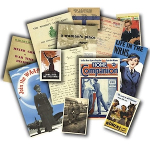 May include: A collection of vintage ephemera, including posters, pamphlets, and documents. The items feature text and imagery related to the Women's Land Army, WAAF, and wartime efforts. Colors include blue, beige, and red.