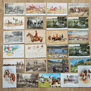 Collection de 46 cartes postales vintage de chasse au renard.