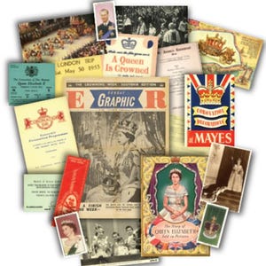 Op de afbeelding: Een verzameling vintage ephemera ter ere van de kroning van koningin Elizabeth II. De items omvatten een krant, een programma, een souvenirboekje en een tijdschriftcover. De items zijn allemaal in tinten rood, wit en blauw.