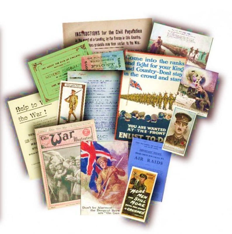 May include: A selection of historical World War I documents, such as posters and pamphlets. The items display patriotic themes, soldiers, and recruitment messages. The colors are predominantly beige, green, blue, and red.