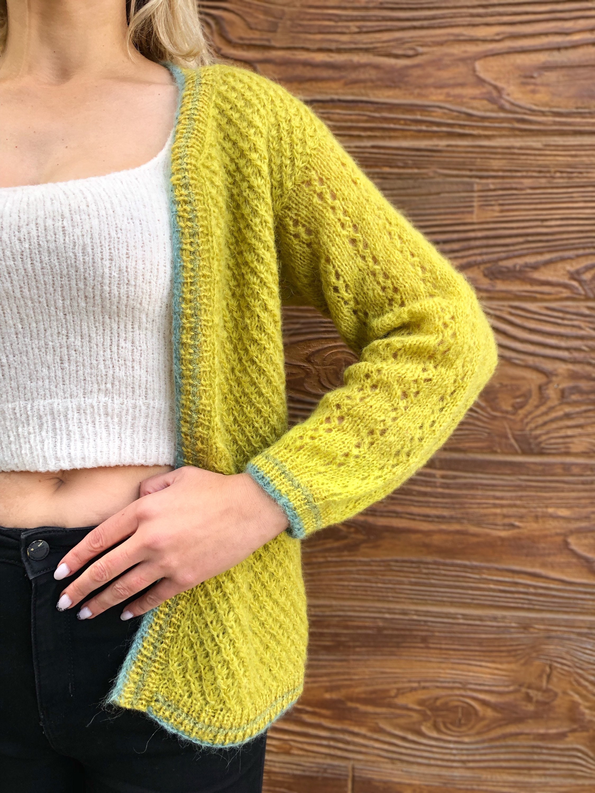 Handmade Mohair Cable Knit Cardigan: Yellow Open Front Knitwear - Etsy