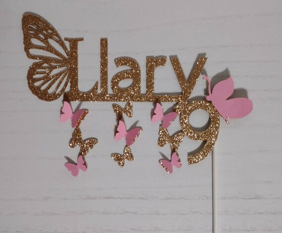 Custom Butterfly Topper, Gold Butterfly, Gold Cake Topper, Glitter Cake  Topper, Custom, Personalised, Hearts, Pink, Any Name, Any Age Color 