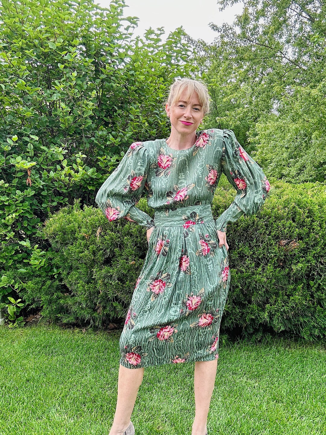 Vintage Silk Floral Dress by Maggy London Green Pink Floral Vintage