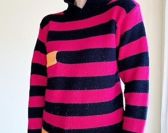 Striped bold colored sweater | vintage knit pullover sweater | black pink yellow | 80’s collared sweater| medium small | bold striped knit