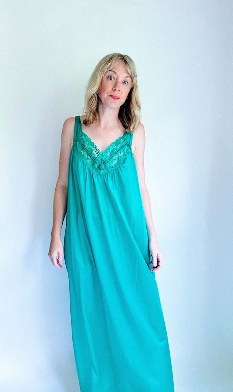 Vintage nightie silky slip lingerie emerald green long slip pajamas deadstock vintage neglige long strapless nightie sleepdress image 7