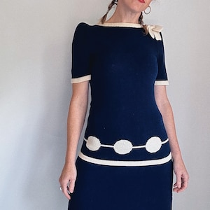 Vintage designer separate set | mod retro 80’s Raul Blanco sweater and skirt knit set | navy blue white | polka dot bow | extra small small