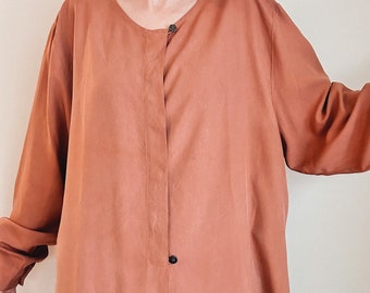 Vintage silk tunic blouse | button down silk shirt | light taupe brown neutral blouse | cover up | long sleeve silk blouse | medium large