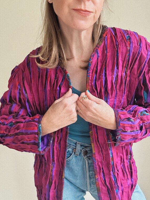 Handmade quilted fabric strip jacket | magenta pin