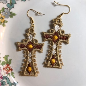 Embroidered Cross Earrings: FSL Religious Lace Jewelry