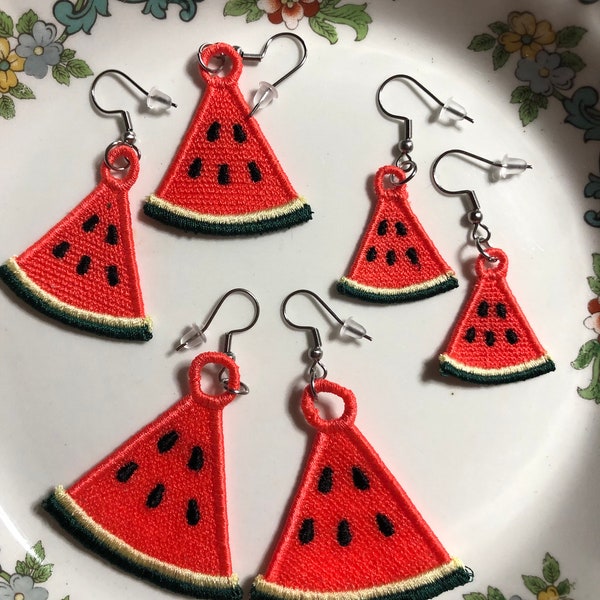 Watermelon Earrings • Food Earrings • Embroidered Earrings • FSL Earrings •  Free Standing Lace Earrings • Teen Earrings • Fruit Earrings