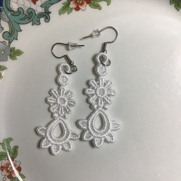 Lace Earrings • Embroidered Earrings • White Earrings • Dangle Earrings • Embroidered Lace Earrings • Boho Earrings • Wedding Earrings