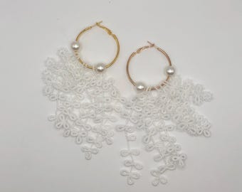 Tatted Sakura Lace Hoop Earrings: Frivolite Floral Wedding Jewelry