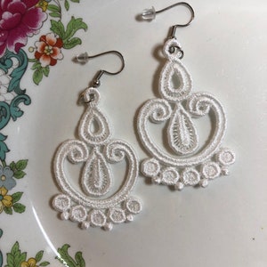 Embroidered Lace Dangle Earrings: White Boho Wedding Jewelry