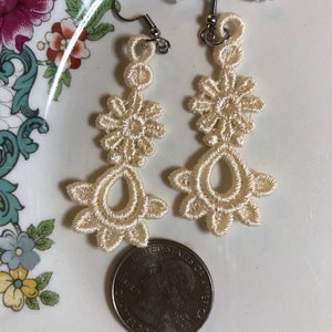 Embroidered Lace Earrings: Ivory Floral Dangle Earrings