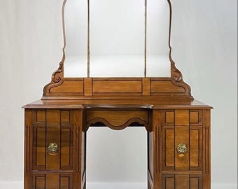 Antique Art Deco Vanity With Arched Triple Mirror