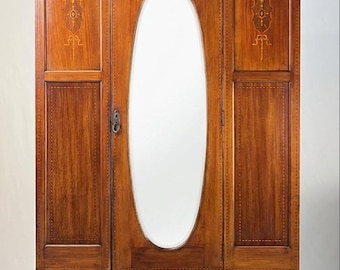 English Edwardian Style Inlaid Mahogany Wardrobe With Beveled Oval Mirror