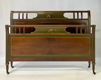 Neoclassical Sligh Furniture Walnut Burl & Hand-Painted Full Bed