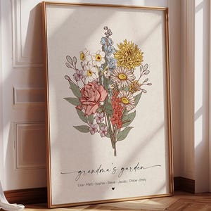 Impression de bouquet de famille de fleurs de naissance du jardin de grand-mère, cadeau de fête des mères, art floral du mois de naissance, cadeau d'anniversaire personnalisé pour maman téléchargement numérique