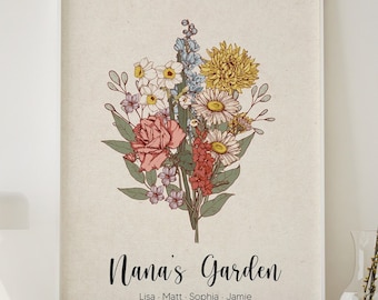 Birth Month Flower Bouquet Print, Personalized Family Botanical Art (Digital)