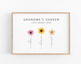 Druckbare Wandkunst, Muttertagsgeschenk, personalisierter Mom Druck, Mamas - Omas Garten, Aquarell Blumen Druck, individuelles Geschenk von Enkelkindern