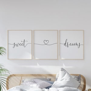 Printable Wall Art, Set of 3 Wall Decor, Bedroom Wall Art, Above Bed Art, Set of Three Print Set, Sweet Dreams, Digital - Instant Download