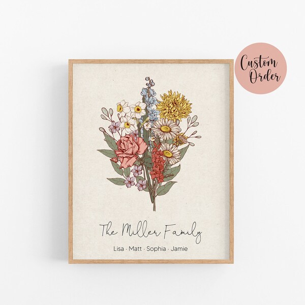 Impresión de ramo familiar de flores de nacimiento, regalo del día de las madres para la abuela, arte floral del mes de nacimiento, regalo de cumpleaños personalizado para mamá, digital personalizado