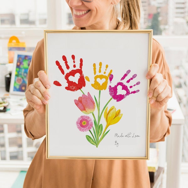 Mother's Day Art Print, Gift For Mom, Flower Bouquet, Handprint Love Keepsake, Meaningful Gift for Her, DIY Craft, Kid, Toddler Activity