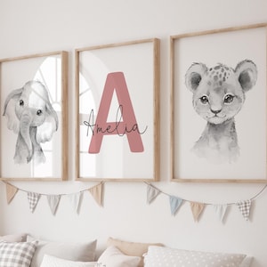 Set of 3 Jungle Animal Prints, Nursery Decor, Personalized Name, Printable Wall Art, Safari Animals, Elephant, Lion, Kids, Baby Shower Gift
