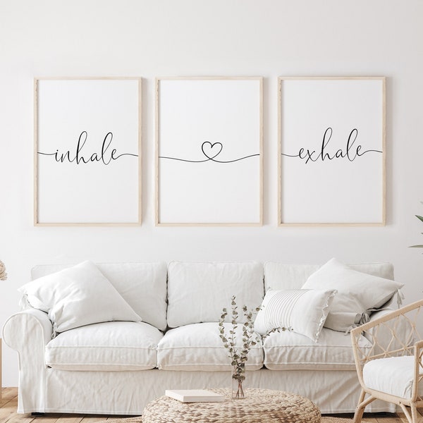 Printable Wall Art, Inhale Exhale, Set of 3 Prints, Home Decor, Boho Living Room, Quote Wall Art, Yoga - Typography Prints, Digital Download