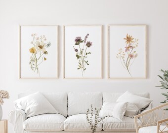 Flower Prints Set of 3, Printable Wall Art, Floral Wildflower Poster, Bathroom - Kitchen - Farmhouse Decor, Digital - Instant Download