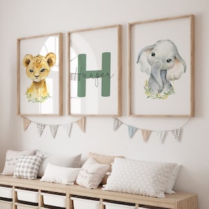 Jungle Animals Nursery Decor, Set of 3 Printable Wall Art, Personalized Baby Name Print, Safari Animals, Lion Elephant, Child Kid, Christmas